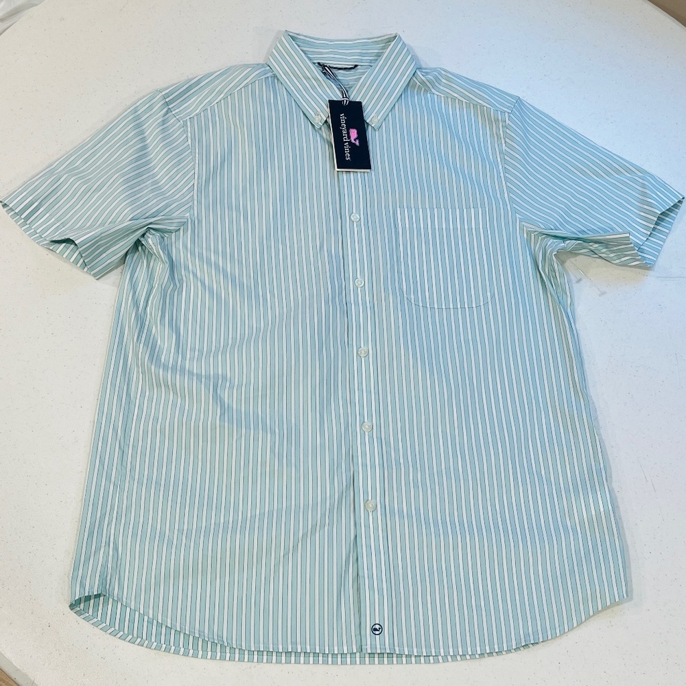 Vineyard Vines Mens Brrr OTG Performance Button Shirt Aqua White Stripe M NEW